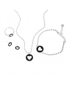 Women Heart Black Epoxy 925 Sterling Silver Necklace Ring Earrings Bracelet Jewelry Set