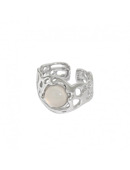 Elegant Natural Round Agate Hollow 925 Sterling Silver Adjustable Ring