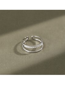 Women Double Layer CZ Lines 925 Sterling Silver Adjustable Ring