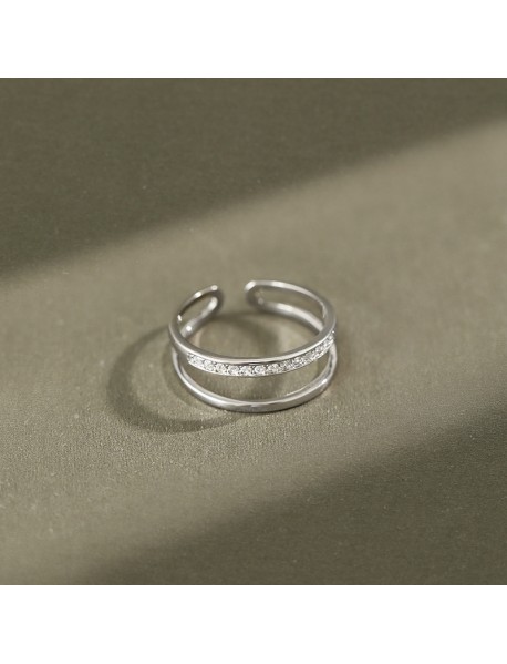 Women Double Layer CZ Lines 925 Sterling Silver Adjustable Ring