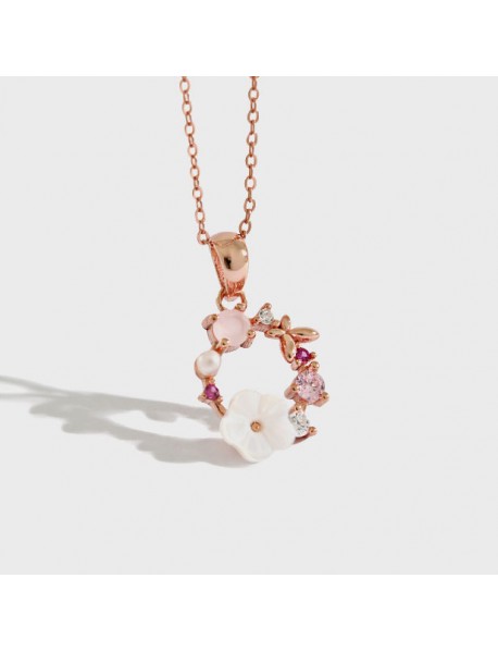 Beautiful Pink CZ White Shell Flower Garland 925 Sterling Silver Necklace