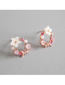 Beautiful Pink CZ Shell Flowers Garland 925 Sterling Silver Stud Earrings