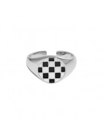 Geometry Round White Black Chessboard 925 Sterling Silver Adjustable Ring