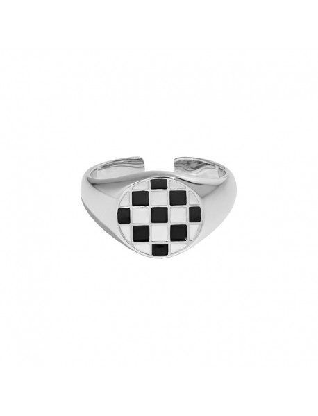 Geometry Round White Black Chessboard 925 Sterling Silver Adjustable Ring