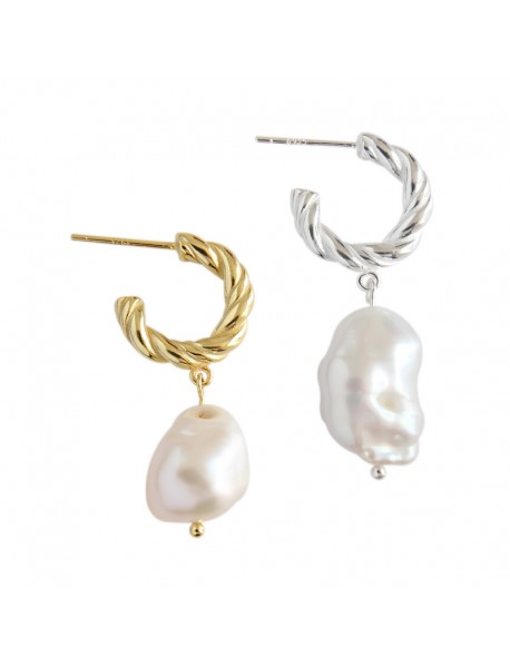 Fashion Irregular Shell Pearl Twisted Circle 925 Sterling Silver Hoop Earrings