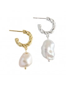 Fashion Irregular Shell Pearl Twisted Circle 925 Sterling Silver Hoop Earrings