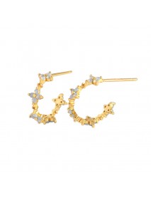 Girl CZ Four Leaf Clover Flower C Shape 925 Sterling Silver Hoop Earrings