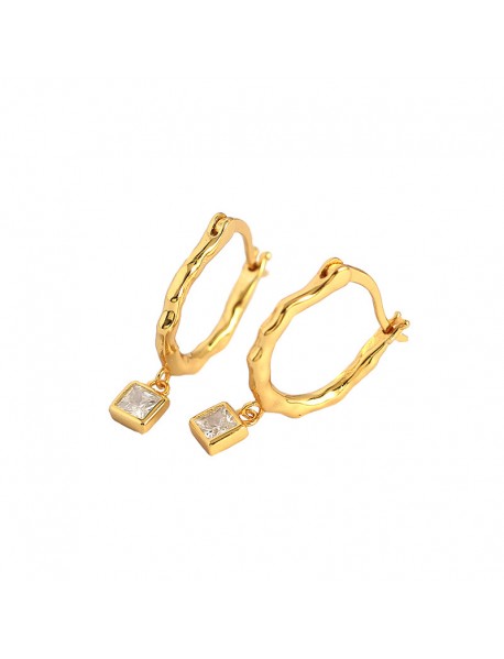 Irregular CZ Square Geometry 925 Sterling Silver Hoop Earrings