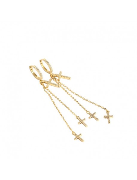 Elegant CZ Cross Tassels 925 Sterling Silver Hoop Earrings