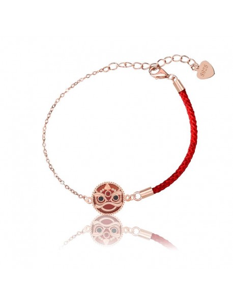 Gift Round Red Natural Agate Chinese Tiger 925 Sterling Silver Bracelet