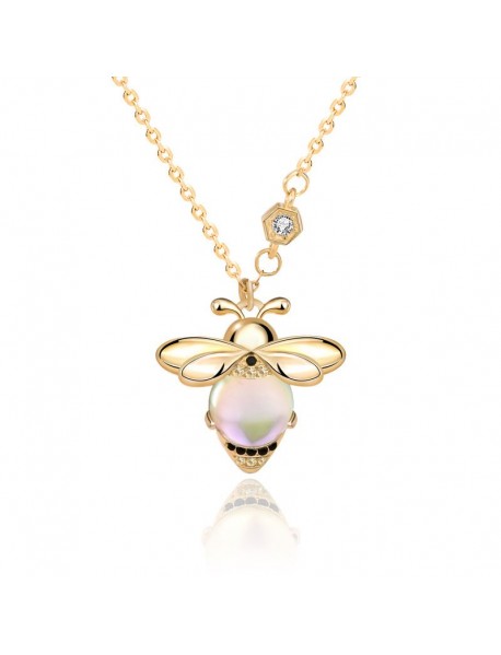 Natural Moonstone Honey Bee CZ Cute 925 Sterling Silver Necklace