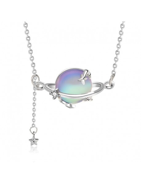 Gift Round Natural Moonstone Planet Stars 925 Sterling Silver Necklace