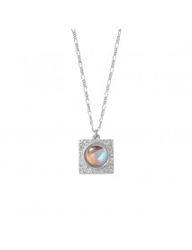 Elegant Round Created Moonstone Square 925 Sterling Silver Necklace