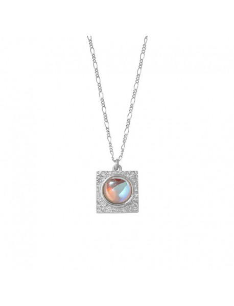 Elegant Round Created Moonstone Square 925 Sterling Silver Necklace