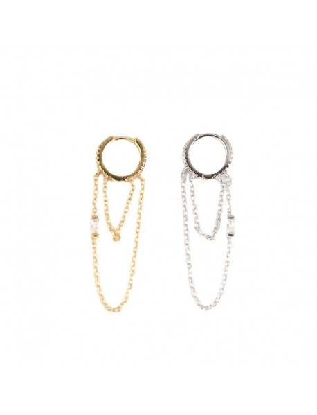 Fashion Double Layer CZ Chain Tassels 925 Sterling Silver Hoop Earrings