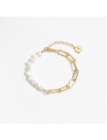 Girl Irregular Hollow Chain Natural Pearl 925 Sterling Silver Bracelet