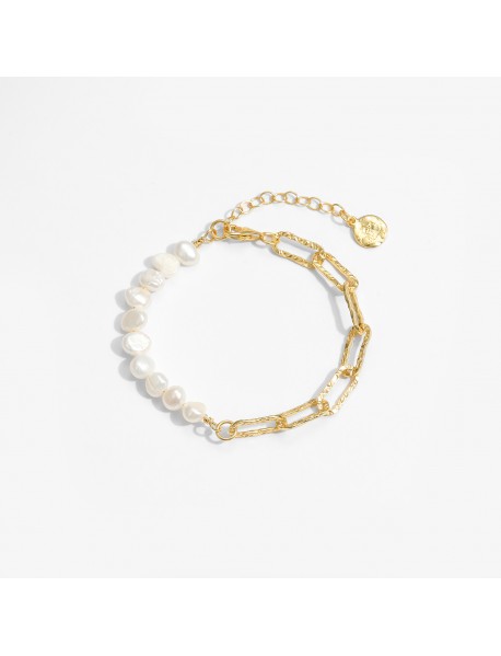 Girl Irregular Hollow Chain Natural Pearl 925 Sterling Silver Bracelet