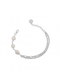 Girl Irregular Double Layer Hollow Chain Natural Pearl 925 Sterling Silver Bracelet