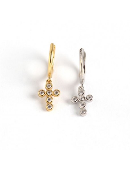 Geometry CZ Cross Tassel 925 Sterling Silver Hoop Earrings