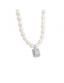 Elegant Natural Pearl Rectangle CZ 925 Sterling Silver Necklace