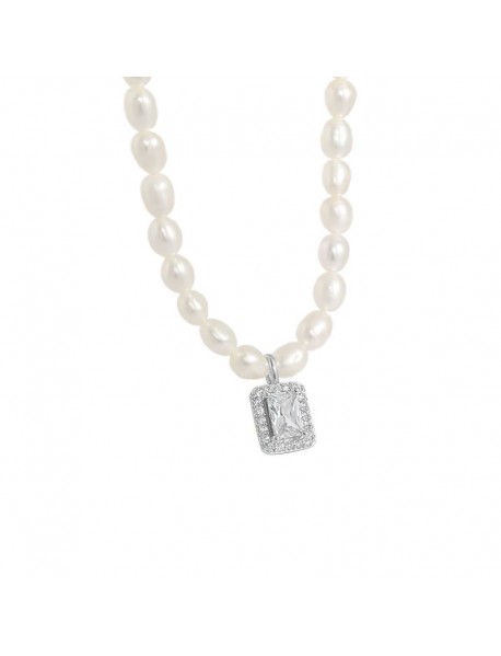 Elegant Natural Pearl Rectangle CZ 925 Sterling Silver Necklace