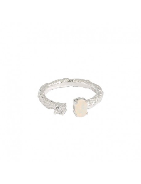 Simple CZ Irregular Created Opal 925 Sterling Silver Adjustable Ring