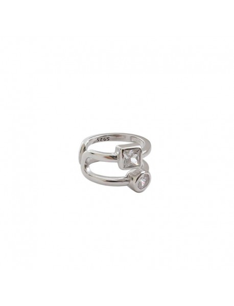 Geometry CZ Square Round Double Layer 925 Sterling Silver Non-Pierced Ear Cuff (Single)