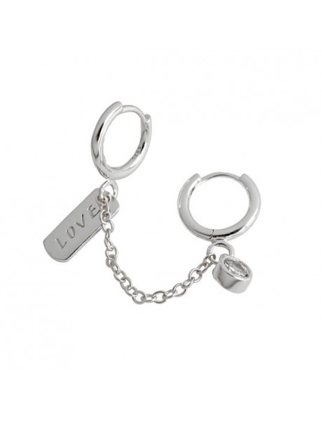 Fashion Doule Hole CZ Love Letters Rectangle 925 Sterling Silver Hoop Earrings