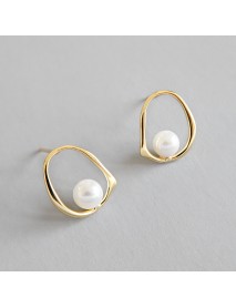 Geometric Round Shell Pearl 925 Sterling Silver Studs Earrings