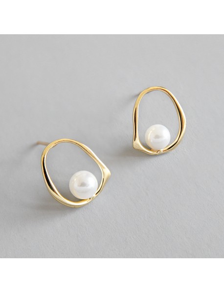 Geometric Round Shell Pearl 925 Sterling Silver Studs Earrings