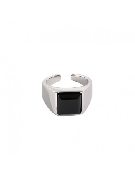 Geometry Square Created Black Agate 925 Sterling Silver Adjustable Ring