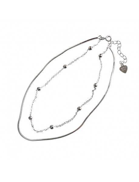 Simple Beads Solid 925 Sterling Silver Adjustable Double Chain Bracelet