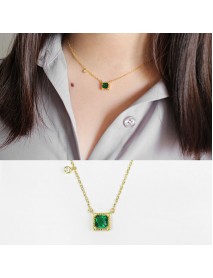 Fashion Green Square CZ 925 Sterling Silver Golden Necklace