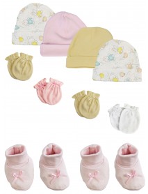 Preemie Baby Girl Caps with Infant Mittens and Booties - 10 Pack