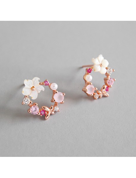 Beautiful Pink CZ Shell Flowers Garland 925 Sterling Silver Stud Earrings