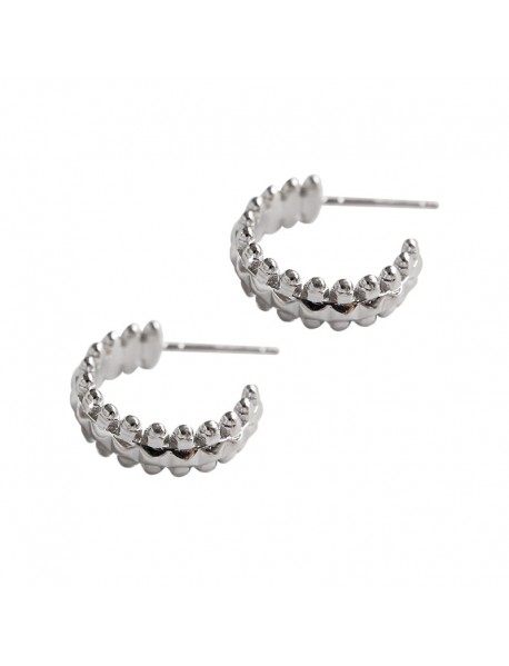 Classic Beads Bubbles C Shape 925 Sterling Silver Hoop Earrings