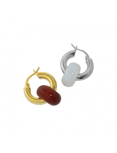 Fashion Natural Agate/Topaz/Aventurine Quartz/Opal Loop Circle 925 Sterling Silver Huggie Hoop Earring(Single)