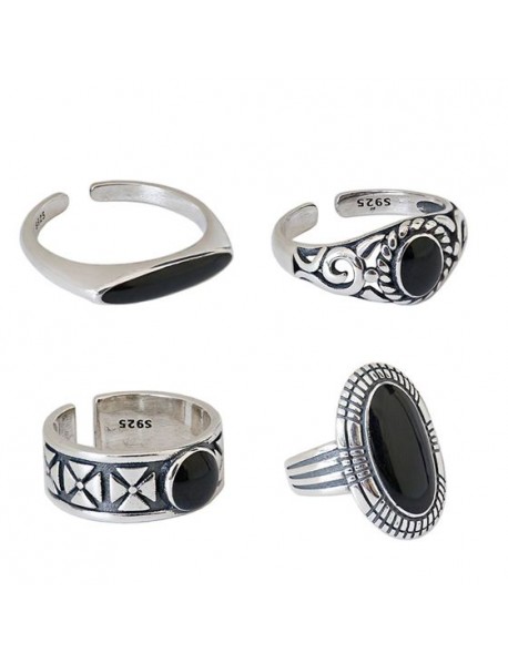 Hot Vintage Black Geometry 925 Sterling Silver Adjustable Ring