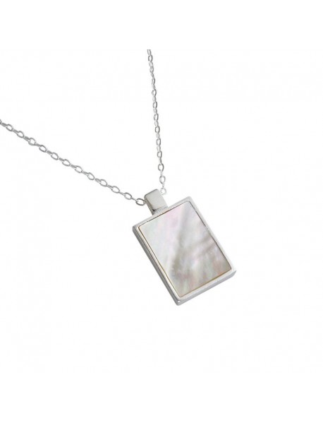 Geometry Mother of Shell Rectangle Tag 925 Sterling Silver Necklace
