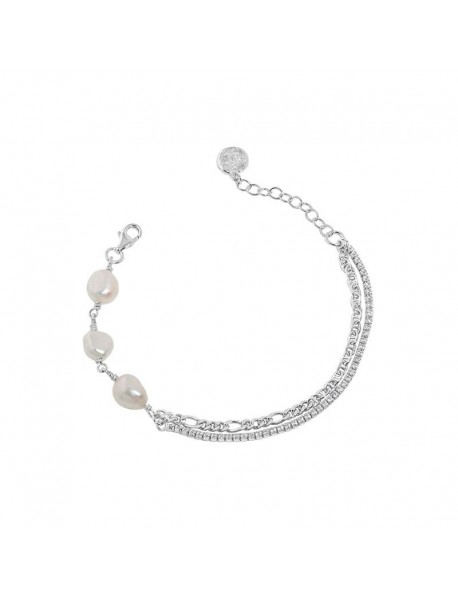 Girl Irregular Double Layer Hollow Chain Natural Pearl 925 Sterling Silver Bracelet